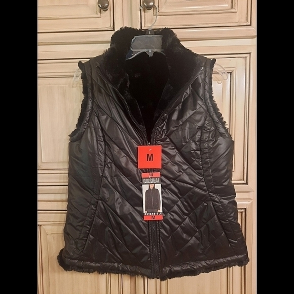 NEW Nicole Miller Reversible‎ Puffer Faux Fur Vest! Black - Medium